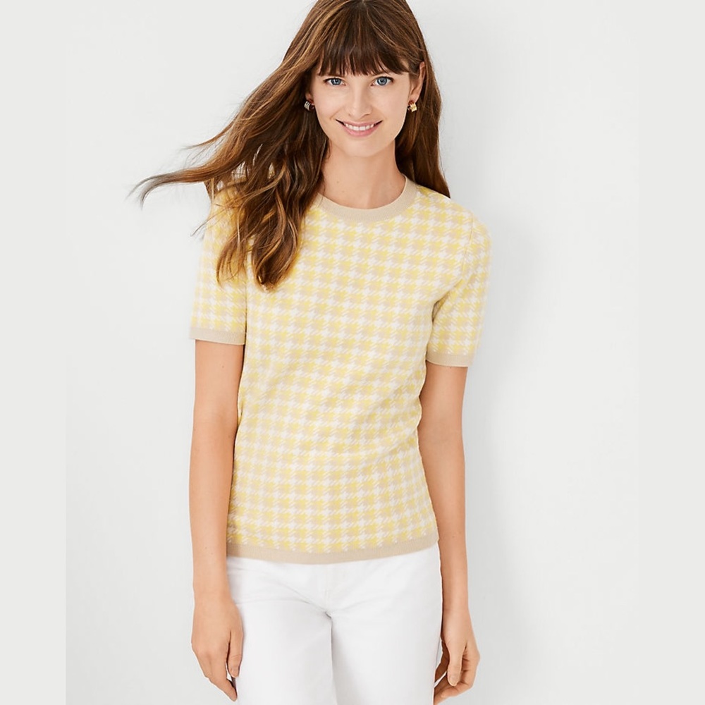 Ann Taylor Houndstooth Short Sleeve Crew Neck Sweater